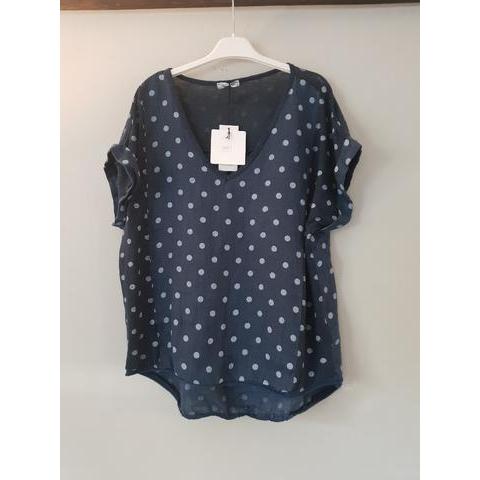 Talia Benson Navy Spot Linen T Shirt-Tops-Talia Benson-One Size(8-12)-Après-She